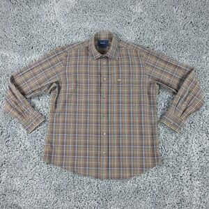 Faconnable Shirt Mens Large Gray Beige Blue Plaid Club Long Sleeve Button Up